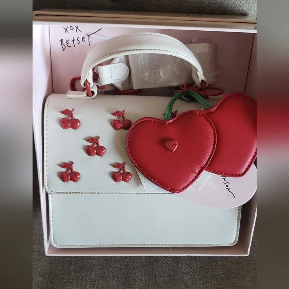 Betsey Johnson White Satchel with Red Heart Accents & Crossbody Strap - Picture 12 of 14